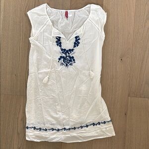 White and Blue Embroidered Women's Top